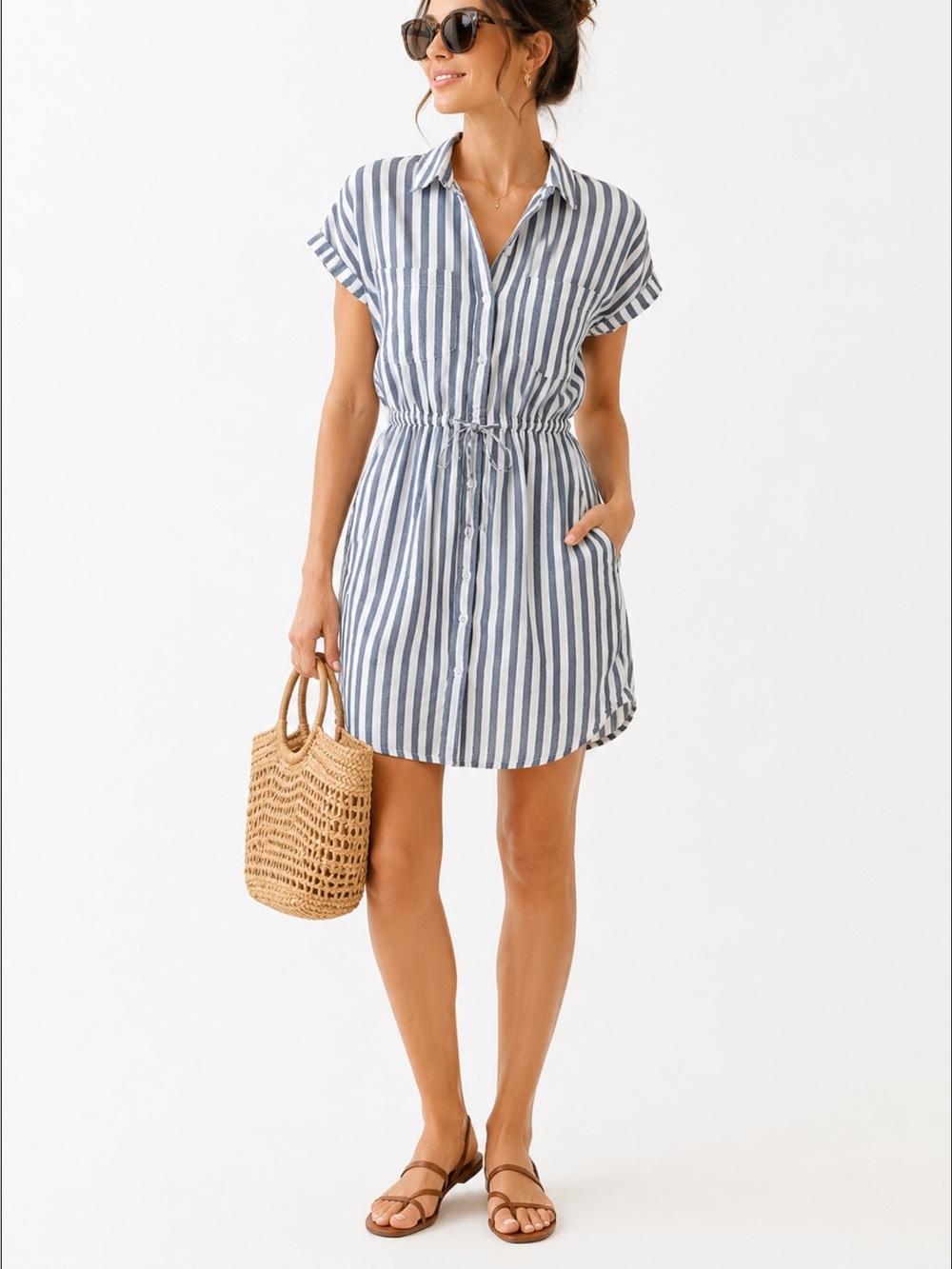 Japna Blue & White Striped shirt Dress with Pockets & Tie Waist.  Size M